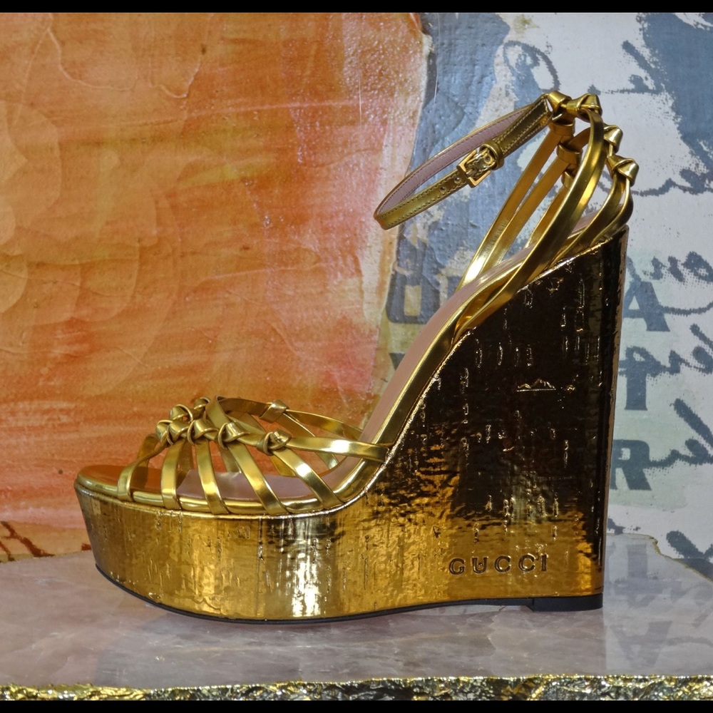 Gucci alice metallic knot cork wedge